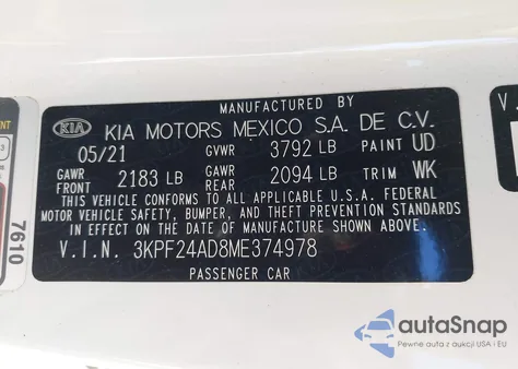 2021 Kia Forte Lxs z USA, uszkodzony, nr VIN 3KPF24AD8ME374978
